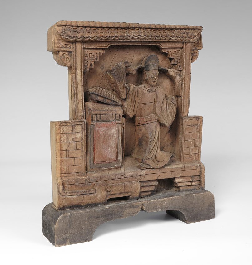 ORIENTAL CARVED WOOD TABLE SCREEN 10.5" TALL: ORIENTAL CARVED WOOD TABLE SCREEN: Believed to be Chinese and old. Deeply carved from a single piece of wood and mounted on stand. Slight remains of red paint. Measures approx. 10 1/2" tall x 9 1/2' x