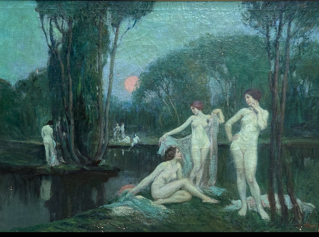 FINE FREDERIC BERNEKER WOOD NYMPHS PAINTING: BERNEKER, Louis Frederick, (American, 1876-1937): Nocturnal Waterside Landscape with Nude Maidens Bathing in the Moonlight, Oil/Canvas, 29.75” x 39.5”, signed lower right, framed, 36&rdquo