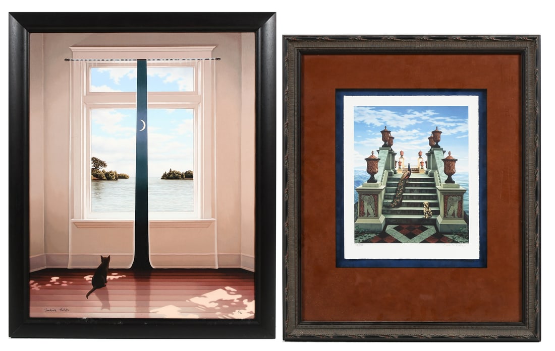 2PC. FREDERICK PHILLIPS ART LOT: PHILLIPS, Frederick, (American/English, b. 1953): 1) Cat Looking out onto the Water, a Surreal Optical Illusion with the Curtains painted to resemble a Waterfront Landscape parted to reveal a sliver o