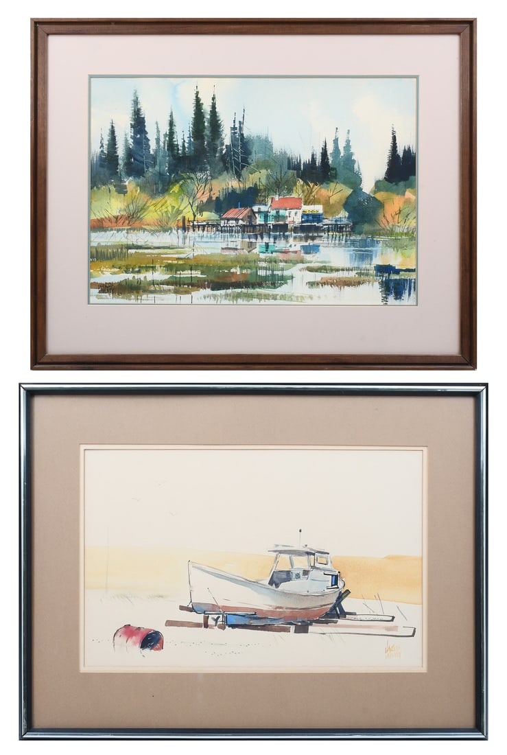 TWO CHARLES MULVEY WATERCOLOR PAINTINGS: MULVEY, Charles, (American, 1918-2001): Two Watercolors: 1) Boat in Drydock, sight size 11.5” x 17.5”, framed, 19” x 25”; 2) Country River Wharf Landscape, sight size 14.5&rdqu