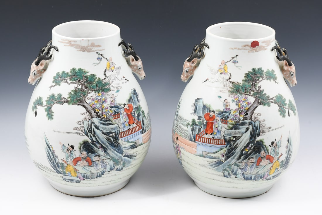 PR. CHINESE FAMILLE ROSE EIGHT IMMORTALS HU VASES: PR. CHINESE FAMILLE ROSE EIGHT IMMORTAL HU-FORM VASES: A Great pair of opposing Hu-form Chinese Famille Rose enameled vases, depicting the Eight Immortals. Auspicious symbols throughout. Deer head for