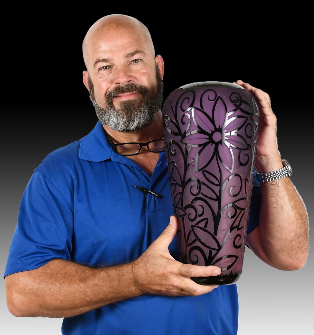 SIGNED DUNCAN MCCLELLAN VINE VASE: SIGNED DUNCAN MCCLELLAN VINES VASE: Tall Duncan McClellan vase with black Vines with Flowers and grass motif base. Cameo Insect & foliate motif. Etched signature at the underside. Approx. 16.5" h x 8"