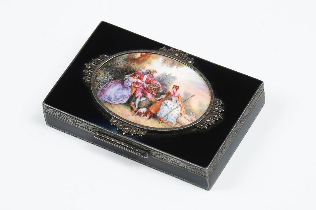 GOLD WASHED STERLING, ENAMELED GUILLOCHE' PILL BOX: GOLD WASHED STERLING, ENAMELED GUILLOCHE' PILL BOX: Rectangular sterling gold washed, enameled Guilloche pill box. Boxed is adorned with an enameled Guilloche romantic scene accented with marcasite. A