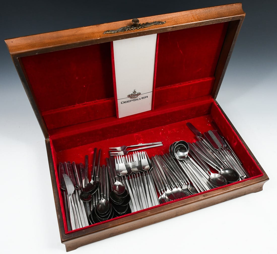 MID-CENTURY ERIK HERLOW "OBELISK" FLATWARE: MID-CENTURY MODERN ERIK HERLOW "OBELISK" FLATWARE: Danish "Obelisk" stainless steel flatware by Erik Herlow for Copenhagen Cutlery, 1954. Comprising; 14- Dinner Forks (7.375" l), 14- Salad/ Luncheon F