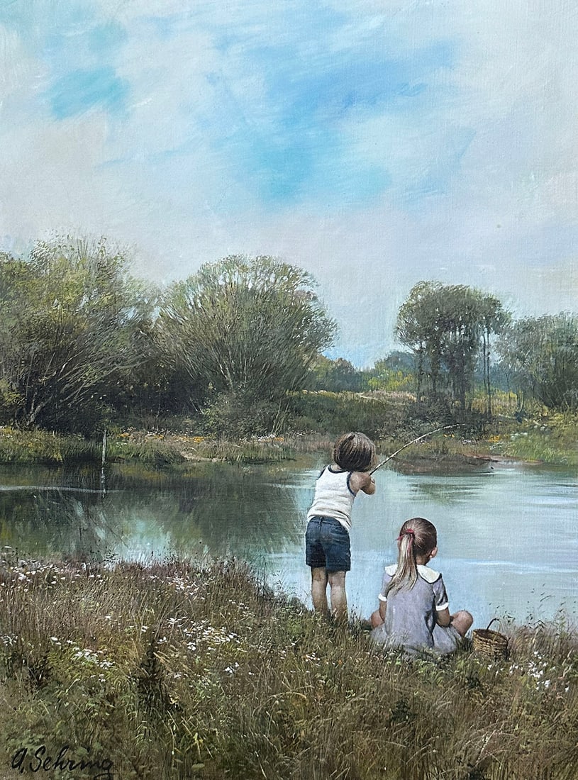 ADOLF SEHRING ORIGINAL PAINTING WITH CHILDREN FISH (1 of 5)