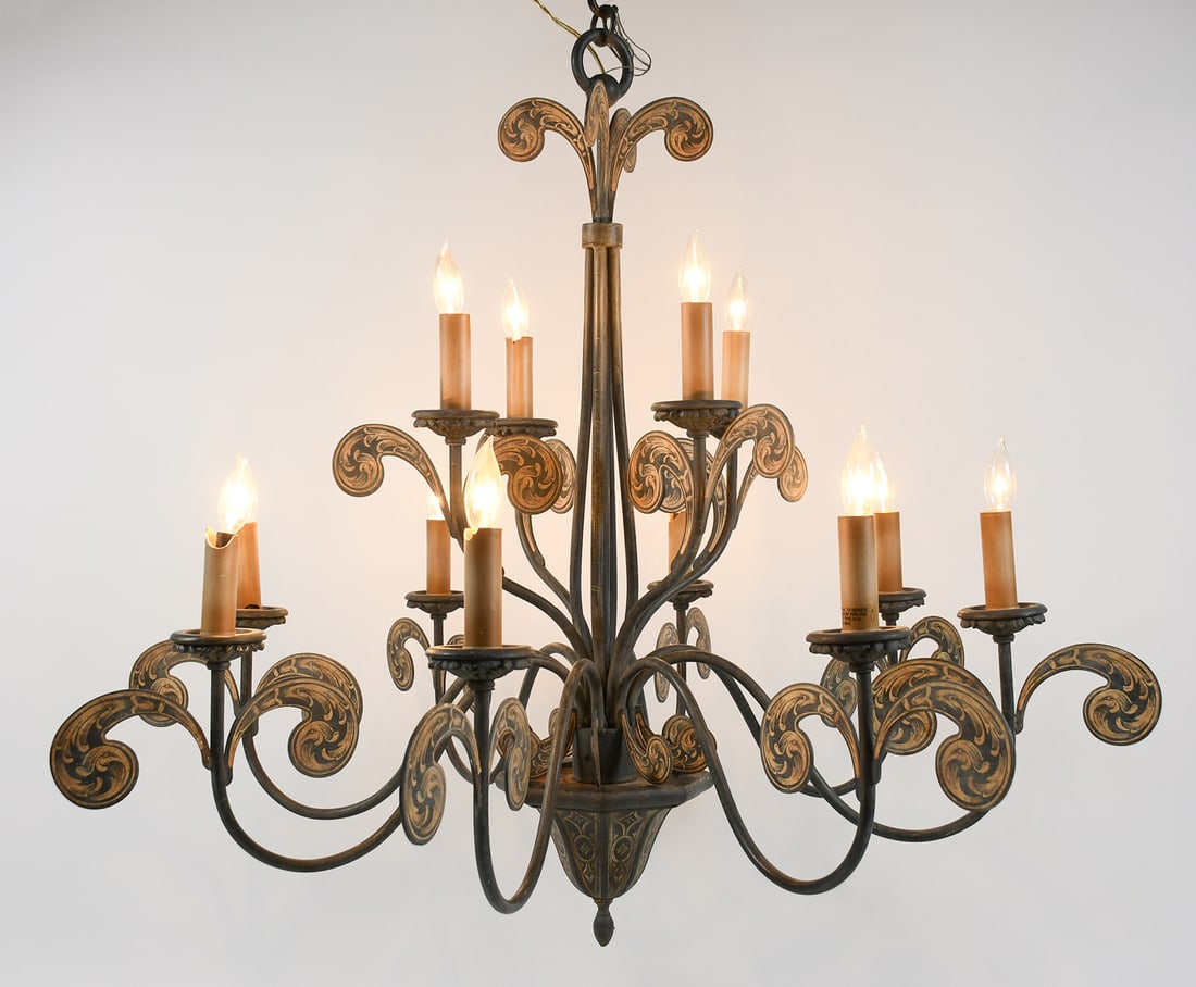 LARGE PATINATED METAL 12- LIGHT CHANDELIER (1 of 4)