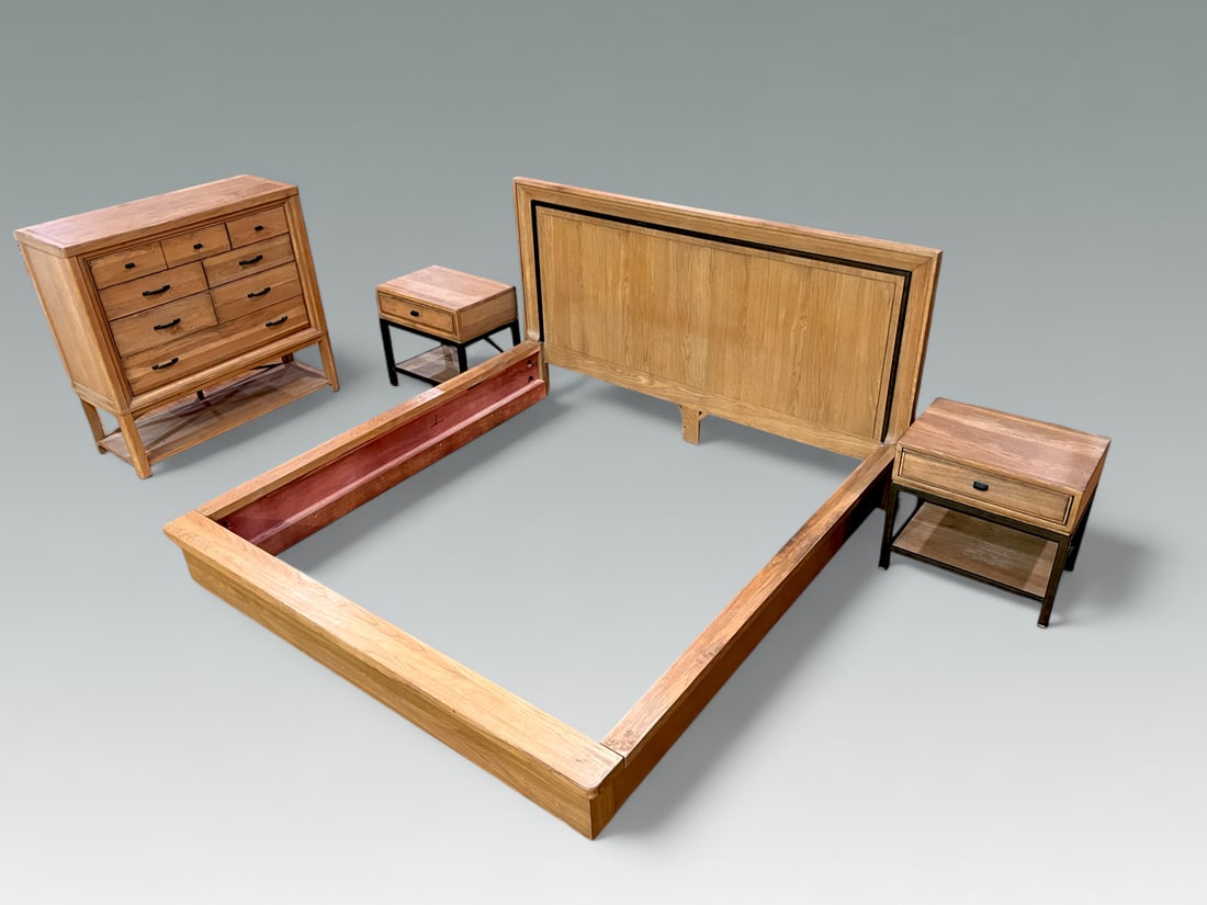 4 PC. PENNSYLVANIA HOUSE BEDROOM SET: 4 PC. PENNSYLVANIA HOUSE BEDROOM SET: Tan wood bedroom set comprising: 1) King-size bed. Approx. 48.5? h x 89" l x 86" w. 2) Two single-drawer side tables, 24.25? (h) x 25.75? (w) x 18.25? (d); 3) Lar