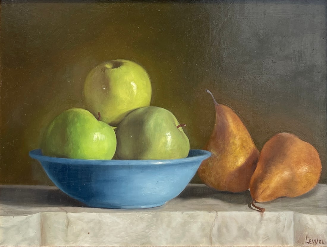 STILL LIFE PAINTING OF APPLES AND PEARS BY LEVY: STILL LIFE PAINTING OF APPLES AND PEARS BY LEVY: Oil/Masonite, 12" x 16", signed lower right, dated '86, original carved and gilded frame, 17.75" x 21.5".