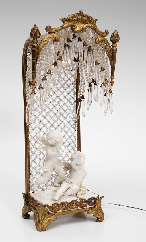 PARIAN BISQUE FIGURAL LAMP: PARIAN BISQUE FIGURAL LAMP: With faceted glass bead "curtain". 16" tall x 7" x 6".