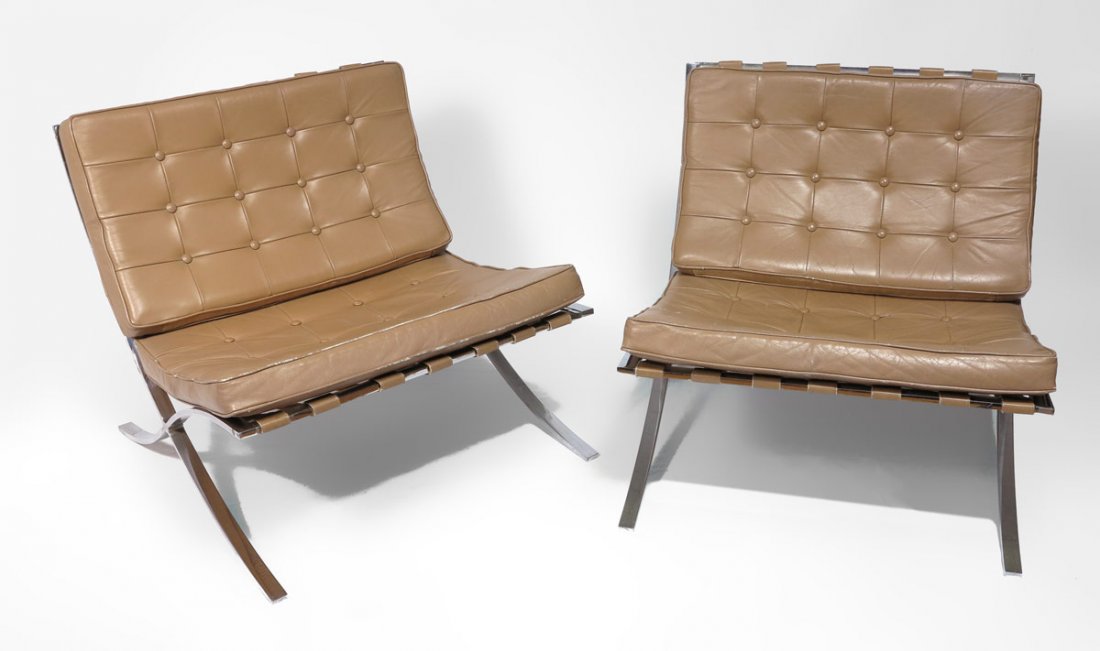 PAIR KNOLL BARCELONA CHROME STEEL CHAIRS: PAIR KNOLL BARCELONA CHROME STEEL CHAIRS: Chrome steel frames with camel leather cushions. No labels or tags. Overall 30" x 29 1/2" x 32".
