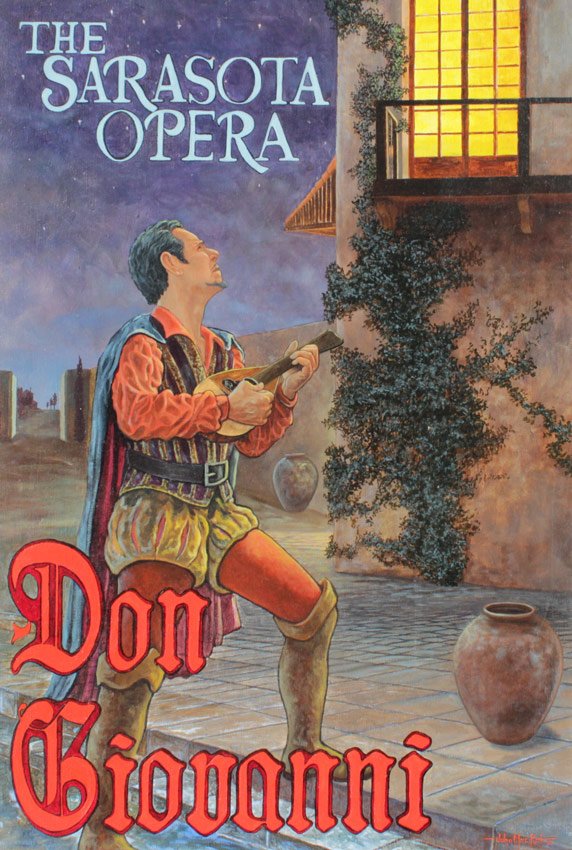 JOHN MAC KAH PAINTING FOR SARASOTA OPERA: MAC KAH, John, (American, 20th Century): Illustration for Sarasota Opera, Don Giovanni, Oil/Canvas, 36" x 24", signed lower right, dated '88, encased in contemporary white frame with wear 37 1/4" x 25