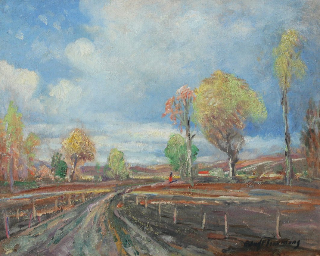 EDWARD SIMMONS LANDSCAPE PAINTING "STORMY DAY": SIMMONS, Edward Emerson, (American, 1852-1931): "Stormy Day", Oil/Canvasboard, 16" x 20", signed lower right, titled in pencil verso, encased in painted and carved frame with wear 23 1/4" x 27 1/4".