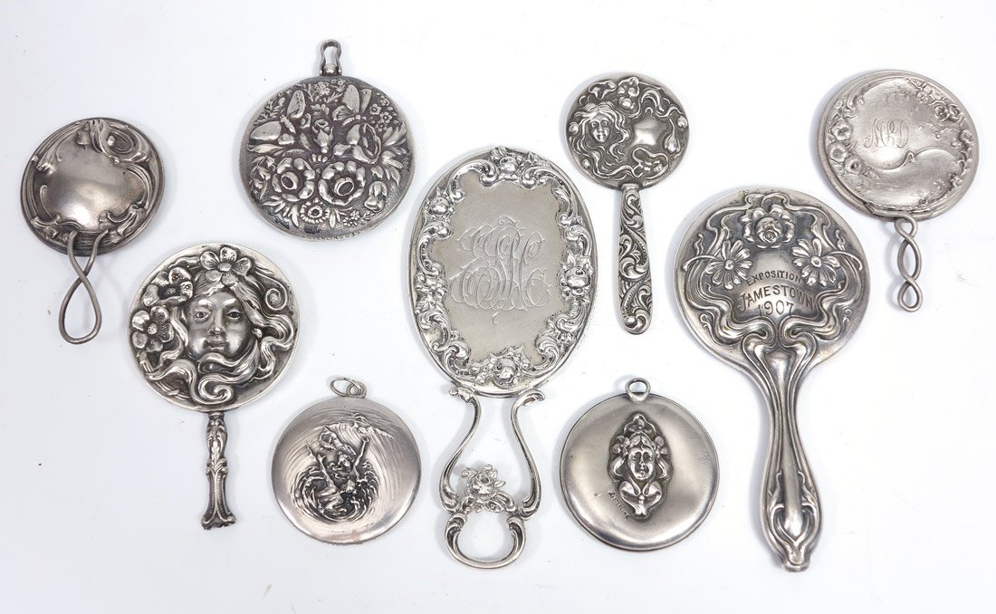 9 ART NOUVEAU STERLING PURSE OR CHATELAINE MIRRORS: 9 ART NOUVEAU STERLING PURSE OR CHATELAINE MIRRORS: 9 pieces total to include 1) 3 chatelaine mirrors; Kerr women in water, La Pierre masqueron face and unknown F in diamond foliate and butterfly moti