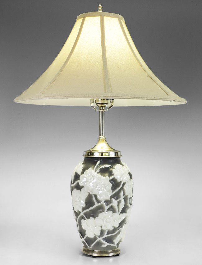 1930'S PHOENIX SCULPTURED CAMEO LAMP: 1930's PHOENIX SCULPTURED CAMEO LAMP: Special production from the rare Seldon Line, in slate blue over white "pearl luster" ground, unique lamp with hardware in heavy silver plate, 27" overall.