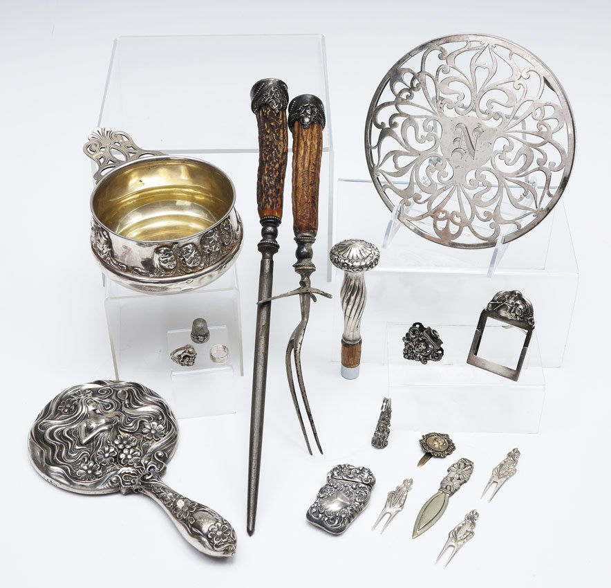 ESTATE COLLECTION OF ART NOUVEAU STERLING ITEMS: ESTATE COLLECTION OF ART NOUVEAU STERLING ITEMS: An assembled collection of 18 items to include 1) Unger Brothers foliate scroll match safe. 2) 3 Watson corn holders. 3) Gorham porringer with applied 