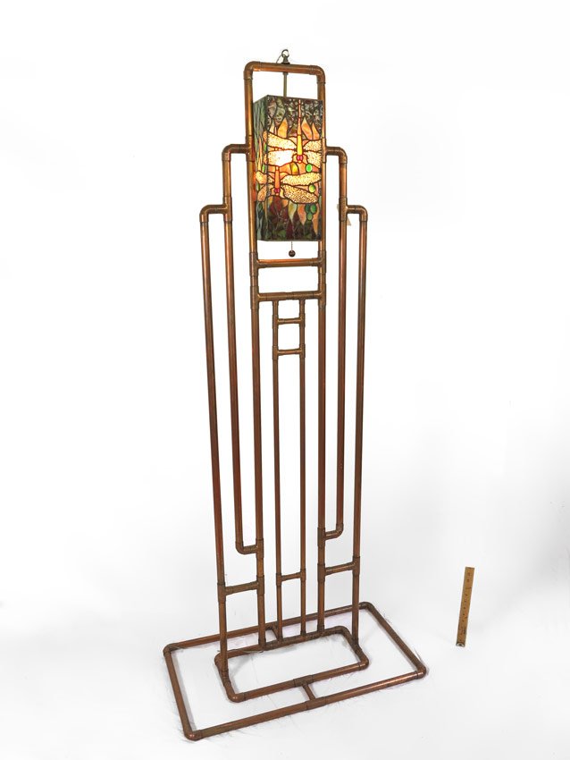 RIVERBEND STUDIOS COPPER & LEADED GLASS LAMP: RIVERBEND STUDIOS COPPER & LEADED GLASS LAMP: Designed by Riverbend Studio's, Denver, Colorado. Single light with dragonfly motif shade. 72 3/4" h. x 30 1/2" x 16 3/4".