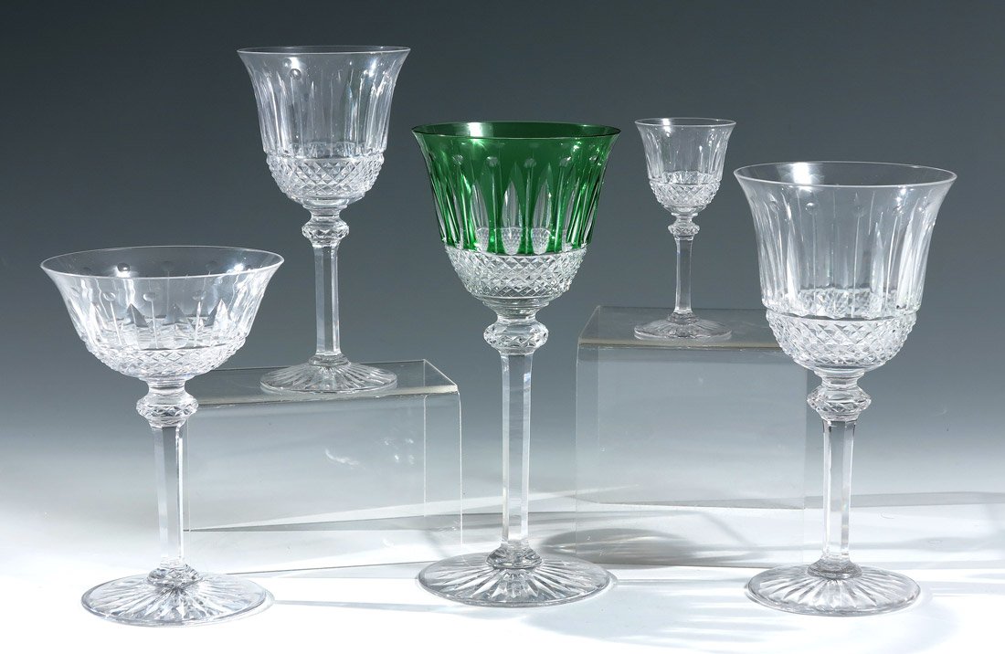 ST LOUIS FRENCH CRYSTAL "TOMMY" 33 PIECE: ST LOUIS FINE FRENCH CRYSTAL IN THE TOMMY PATTERN: 33 pieces to include 8 green wine hocks (7 3/4"), 7 goblets ( 7 1/4"), 8 sherbert champagnes (5 3/4"), 4 wine (6"), and 6 cordial (3 3/4").