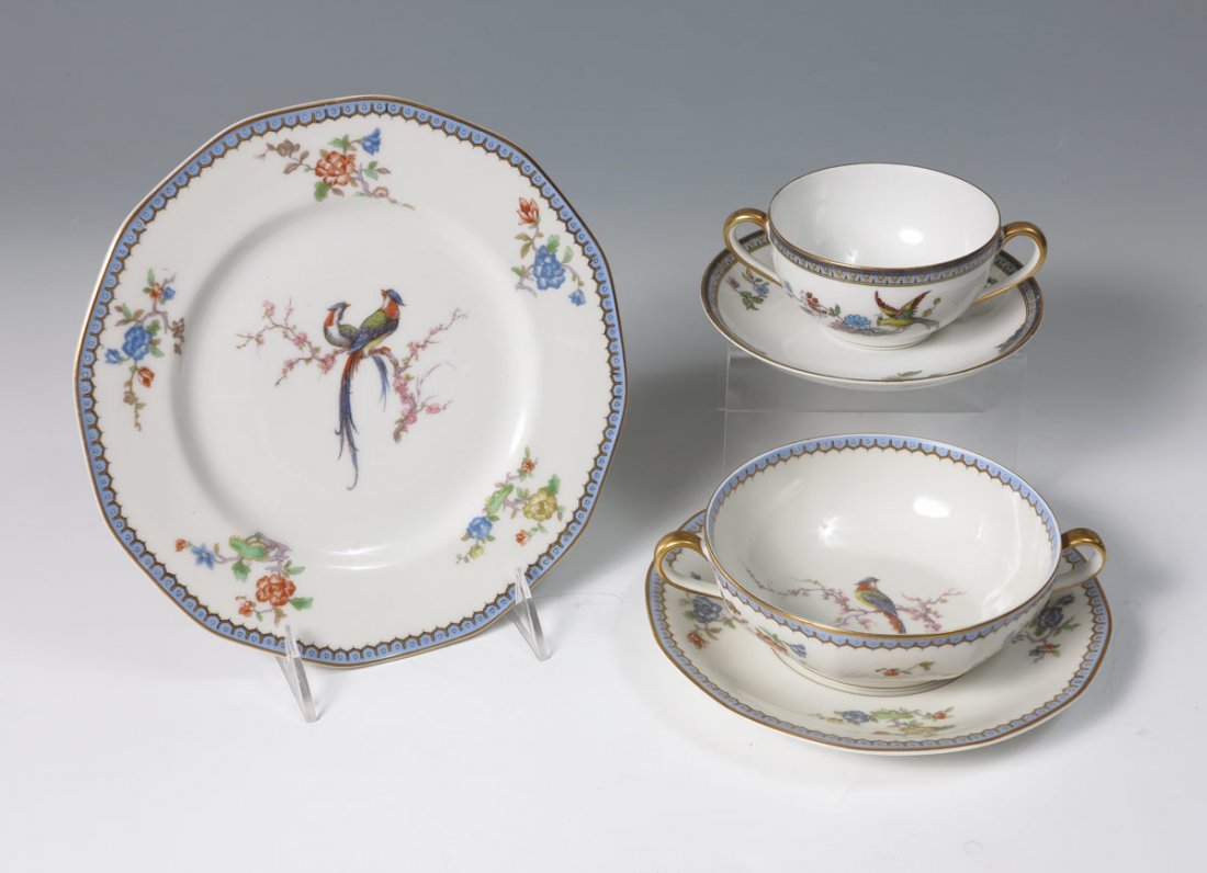 24 PC FRENCH HAVILAND LIMOGES PARADISE CHINA plus: THEODORE HAVILAND FRENCH LIMOGES "PARADISE" CHINA: Bird decorated china luncheon set to include 12 plates (8 1/2"), 6 cream soups with saucers. The six 6 bouillon cups with saucers are by Noritake in 