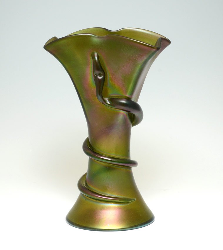 LOETZ IRIDESCENT GLASS VASE WITH SNAKE: LOETZ IRIDESCENT GLASS VASE WITH SNAKE: Green iridescent vase with applied snake encircling vase. Measures 10" h. x 6 1/4" x 4 3/4".