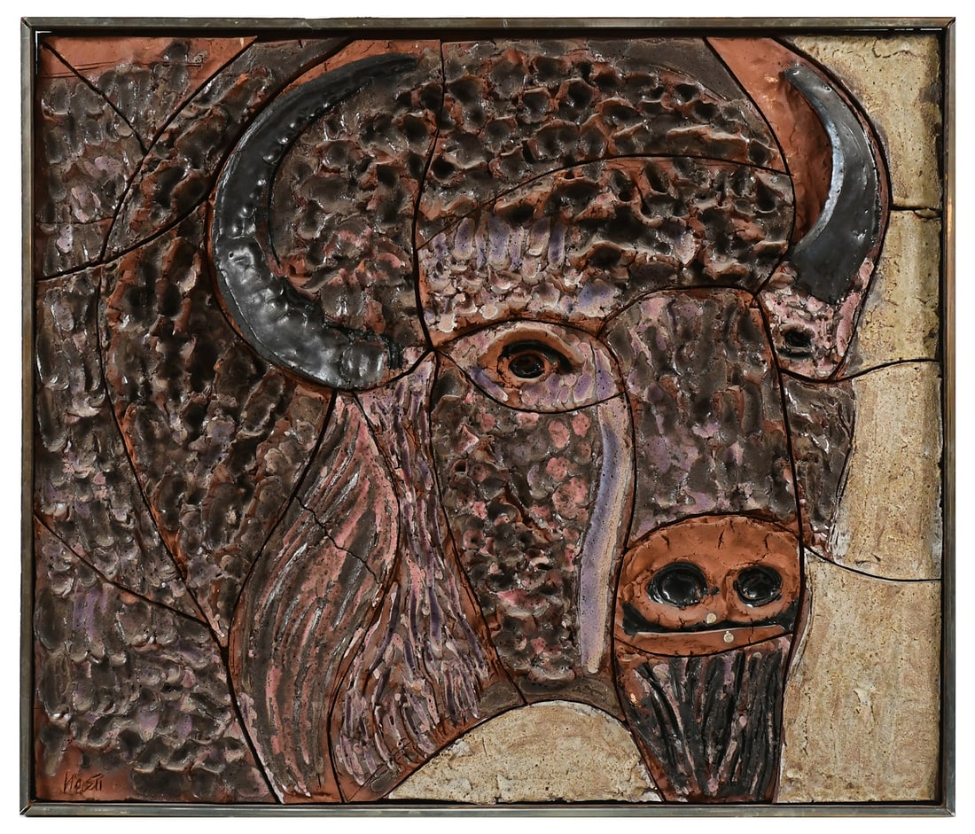 LARGE HAROLD NOSTI MOSAIC TERRACOTTA BISON PLAQUE (1 of 4)