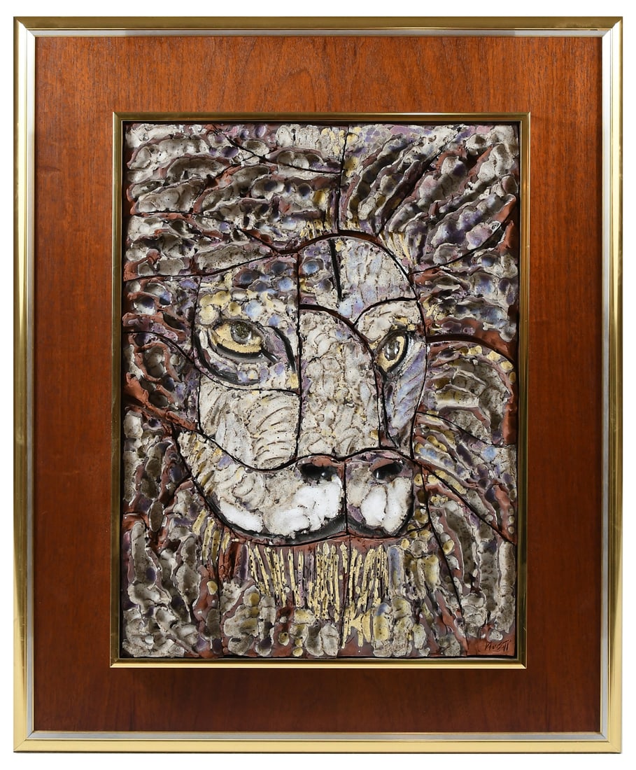 LARGE HAROLD NOSTI TERRACOTTA LION MOSAIC PLAQUE (1 of 4)