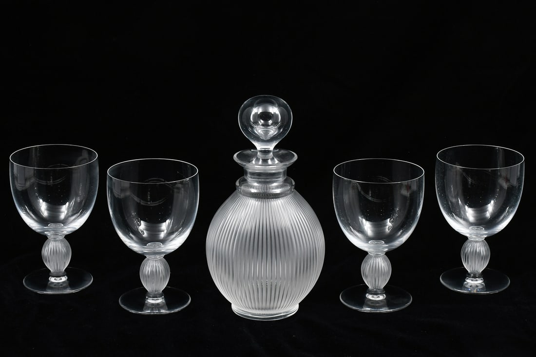 5 PC. LALIQUE "LANGEAIS" CRYSTAL DECANTER & GLASSES (1 of 4)