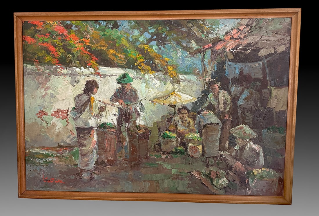 SOUTHEAST ASIAN ILLEGIBLY SIGNED MARKET PAINTING (1 of 2)