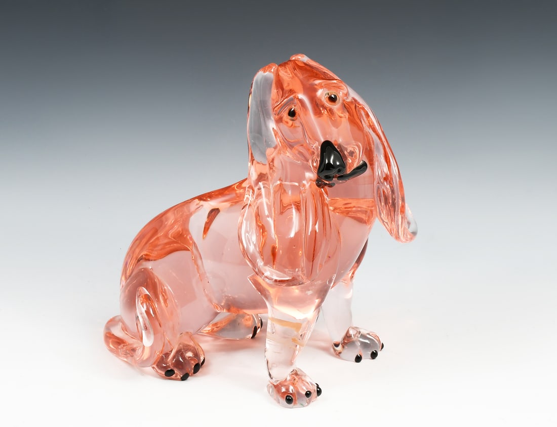LARGE ITALIAN MURANO PINK ART GLASS DACHSHUND: LARGE ITALIAN MURANO PINK ART GLASS DACHSHUND: Hand-blown Murano art glass vase in the form of a Pink Dachshund. Approx. 9.5" h x 9" l x 6" w.