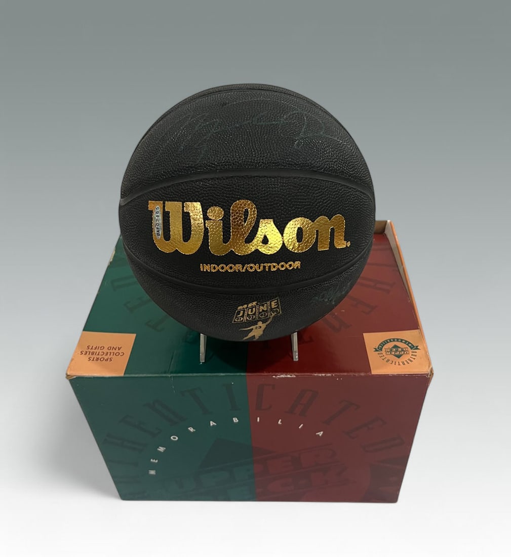 AUTHENTICATED MICHAEL JORDAN SIGNED BASKETBALL: UPPER DECK AUTHENTICATED MICHAEL JORDAN SIGNED BASKETBALL: Sold with Upper Deck paperwork. Basketball has "Mr. June" logo commemorating Jordan's successes in June 1991/92/93/96. Limited edition piece 