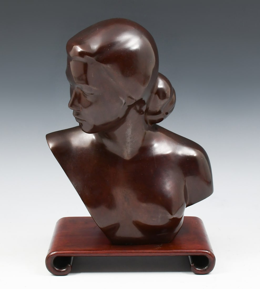 NAM THAI BRONZE BEAUTY SCULPTURE: THAI, Nam, (Vietnamese, 20th Century): Bronze Bust of a Nude Beauty, 11.5" in height, signed.