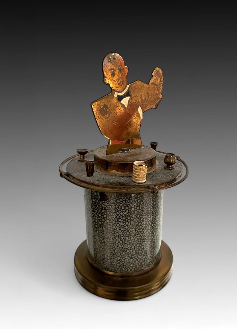 GERMAN BAUHAUS DECO BARTENDER CIGARETTE DISPENSER: GERMAN BAUHAUS ART DECO BARTENDER CIGARETTE DISPENSER: This is a rare barman mechanical cigarettes dispenser box with 25 movable elements to fit the cigarettes. Circa 1930's, crafted of Steel, Brass, 