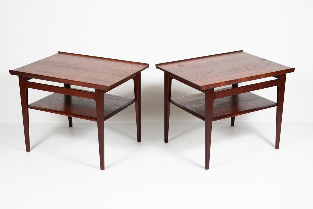 PAIR OF FINN JUHL FOR JOHN STUART TEAK SIDE TABLES: PAIR OF FINN JUHL FOR JOHN STUART TEAK SIDE TABLES: An untouched pair of Model 535 Side tables, by Finn Juhl for John Stuart. Tag & Impressed marks at the underside. Approx. 21.5" h x 20" w x 28" d.