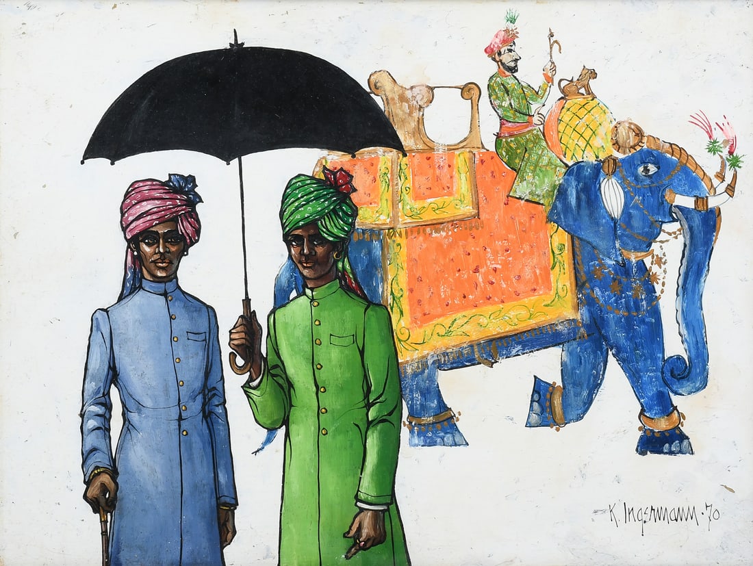 KEITH INGERMANN "THE PAINTED WALL" PAINTING: INGERMANN, Keith, (American, 1929-2012): "The Painted Wall", Depicting Several Indian Figures and an Elephant, Oil/Masonite, 11.5" x 15.75", signed lower right, dated '70, Palm Beach Galleries Worth A