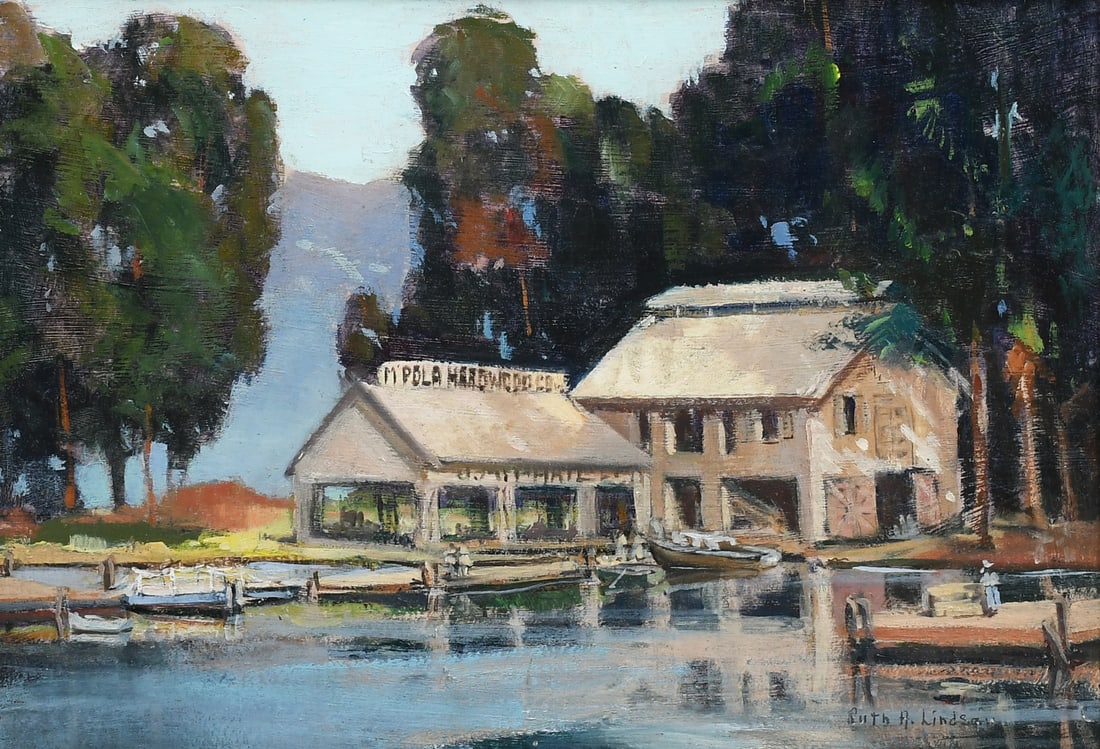 RUTH LINDSAY WATERFRONT PLEIN AIRE PAINTING: LINDSAY, Ruth Andrews, (American, 1888-1982): "The Hardwood Company", Waterfront Dockside Scene, Oil/Board, 10" x 14", signed lower right, framed, 14.5" x 18.5".