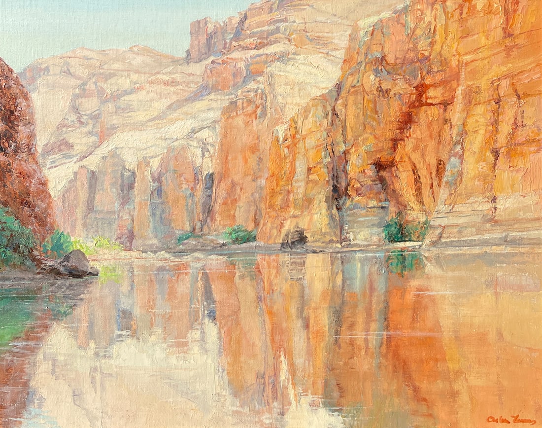 ARLINE TINUS GRAND CANYON PAINTING “MAGIC WALLS”: TINUS, Arline, (American, 20th Century): “Magic Walls”, Oil/Linen mounted to Foam Core, 22” x 28”, signed lower right, Wind River Arts sticker verso, framed, 26” x 32”.