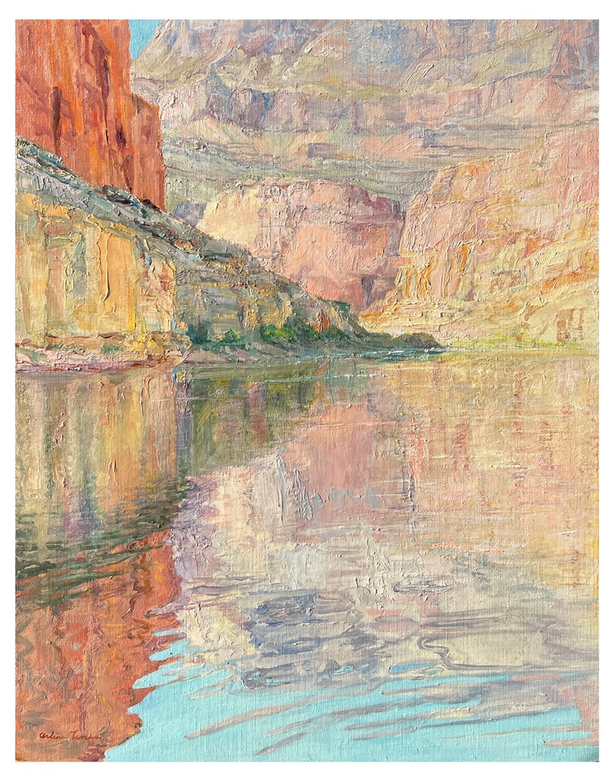 ARLINE TINUS GRAND CANYON RIVER PAINTING: TINUS, Arline, (American, 20th Century): “Study in Pastel Colors”, Oil/Linen mounted to Foam Core, 28” x 22”, signed lower left, unframed. Illustrated on page 45 of Tinus’ book �