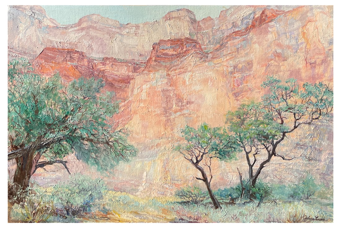 ARLINE TINUS GRAND CANYON PAINTING: TINUS, Arline, (American, 20th Century): “Soft Misty Morning”, Oil/Linen mounted to Foam Core, 20” x 30”, signed lower right, Wind River Arts sticker verso, unframed. Illustrated o
