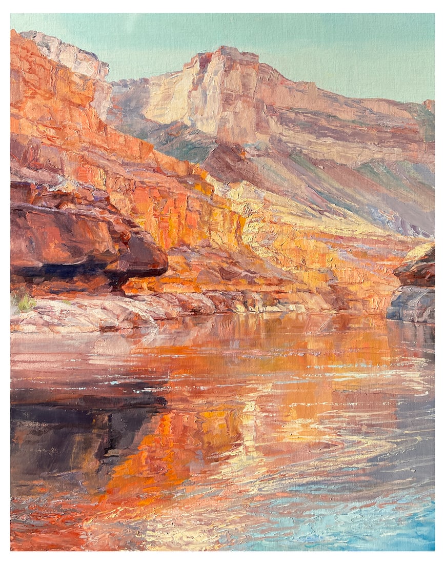 ARLINE TINUS “AFTERNOON LIGHT” PAINTING: TINUS, Arline, (American, 20th Century): “Afternoon Light”, Grand Canyon River, Oil/Linen/Foam Core, 28” x 22”, signed lower left, unframed. Illustrated on page 27 of Tinus’ book