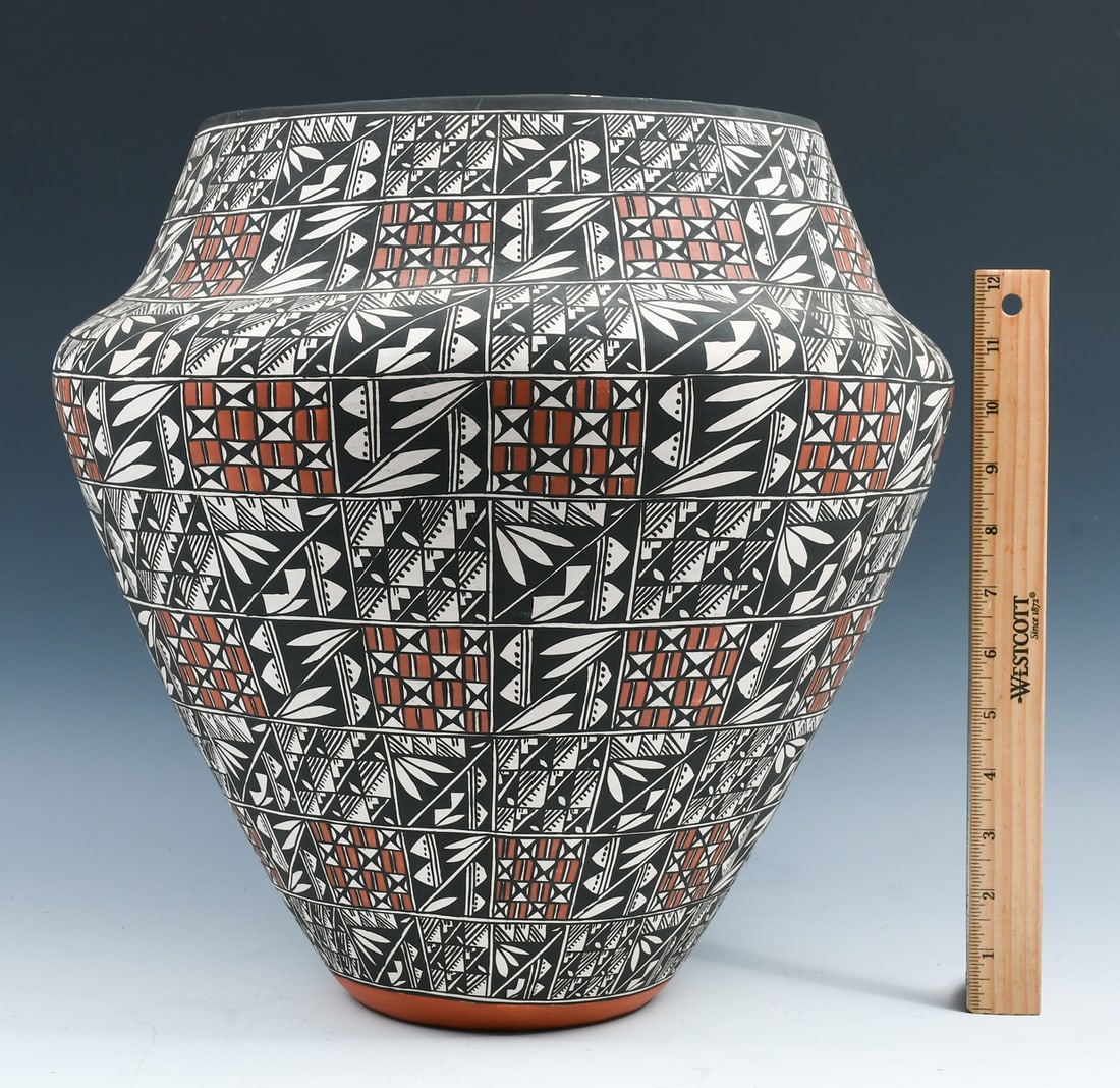 LARGE MANUEL STEVENS POLYCHROME ACOMA POT: LARGE MANUEL STEVENS POLYCHROME ACOMA POT: Large Olla hand crafted & intricately hand painted by Acoma Pueblo Native American, Manuel Stevens, using traditional designs. Manuel comes from a family of 