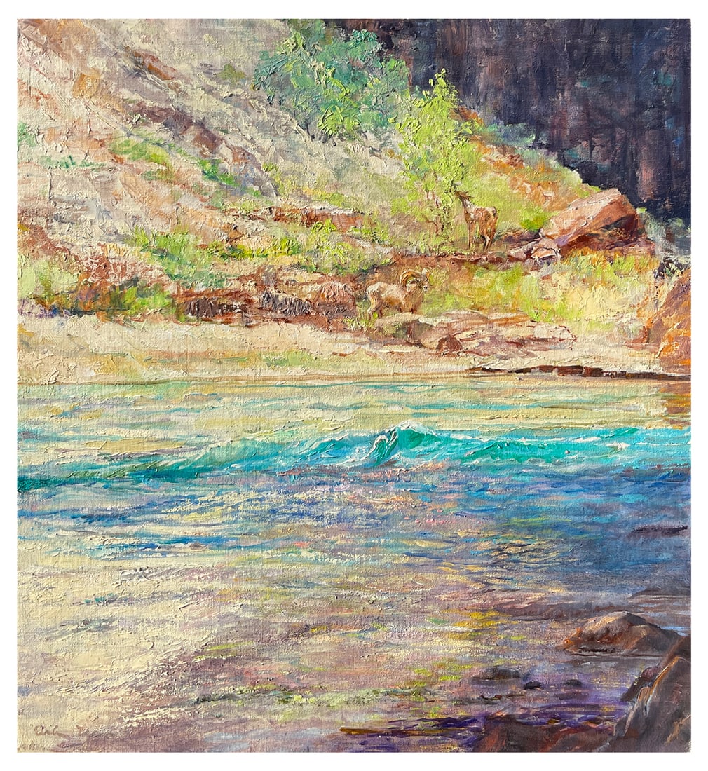 ARLINE TINUS BIG HORNED SHEEP PAINTING: TINUS, Arline, (American, 20th Century): Big Horned Sheep, Oil/Linen mounted to Foam Core, 25” x 23”, signed lower left, unframed. Illustrated on page 46 of Tinus’ book “Finding the Ri