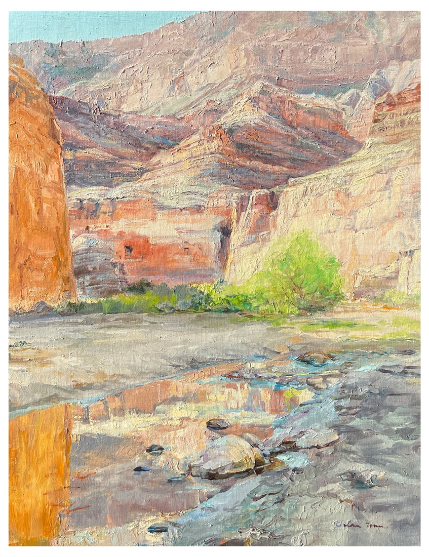 ARLINE TINUS GRAND CANYON PAINTING: TINUS, Arline, (American, 20th Century): “The Puddle”, Oil/Linen mounted to Foam Core, 28" x 22", signed lower right, unframed. Illustrated on page 31 of Tinus’ book “Finding the River Mag