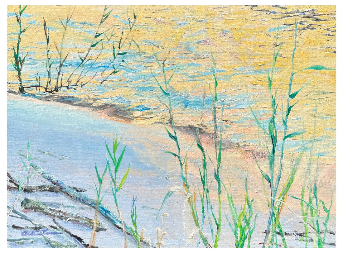 ARLINE TINUS “PHRAGMITES” PAINTING: TINUS, Arline, (American, 20th Century): “Phragmites”, Oil/Linen mounted to Foam Core, 14.25” x 19.5”, signed lower left, unframed. Illustrated on page 194 of Tinus’ book “Find