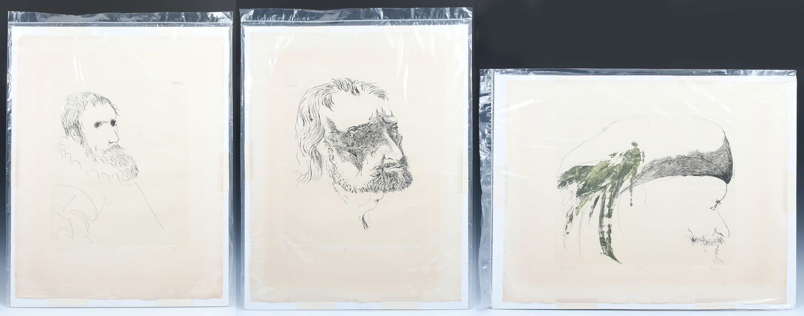 THREE LEONARD BASKIN PORTRAIT ETCHINGS: BASKIN, Leonard, (American, 1922-2000): 1) Grunewald; 2) Dellabella; 3) Jacques de Gheyn. All from the Ten Favorite Artists suite, signed/titled/numbered 6/12, overall dimensions with acid-free backin