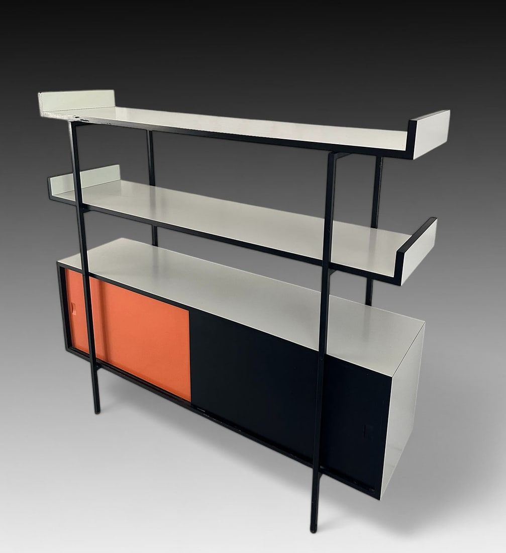 FRENCH CHARLOTTE PERRIAND (1903-1999) CREDENZA: FRENCH CHARLOTTE PERRIAND (1903-1999) CREDENZA: A modern Charlotte Perriand credenza with 2- sliding doors at either side. Surmounted by 2- shelves finished in laminate. A with a black metal frame. Sh