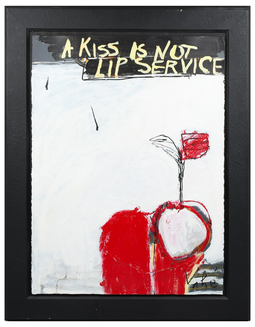 VAHE ORIGINAL PAINTING “A KISS IS NOT LIP SERVICE”: BERBERIAN, Vahe, (Armenian, 1955-): “A Kiss is not Lip Service”, Acrylic/Paper, 30” x 22.5”, signed lower right, framed, 37” x 29”.