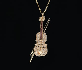 14K DIAMOND/RUBY 1.50 CTW VIOLIN BROOCH/PENDANT