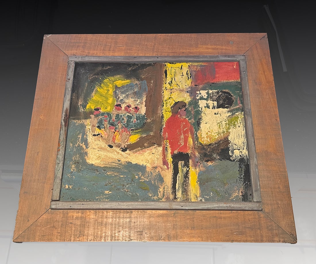 SHIRLEY TREMBLE EXHIBITED MID-CENTURY PAINTING: TREMBLE, Shirley, (American, 20th Century): “Table Thumpers”, Oil/Canvas, sight size 12.5” x 14.5”, original framing, 18.25” x 20.25”. Inscribed verso with artist’s a