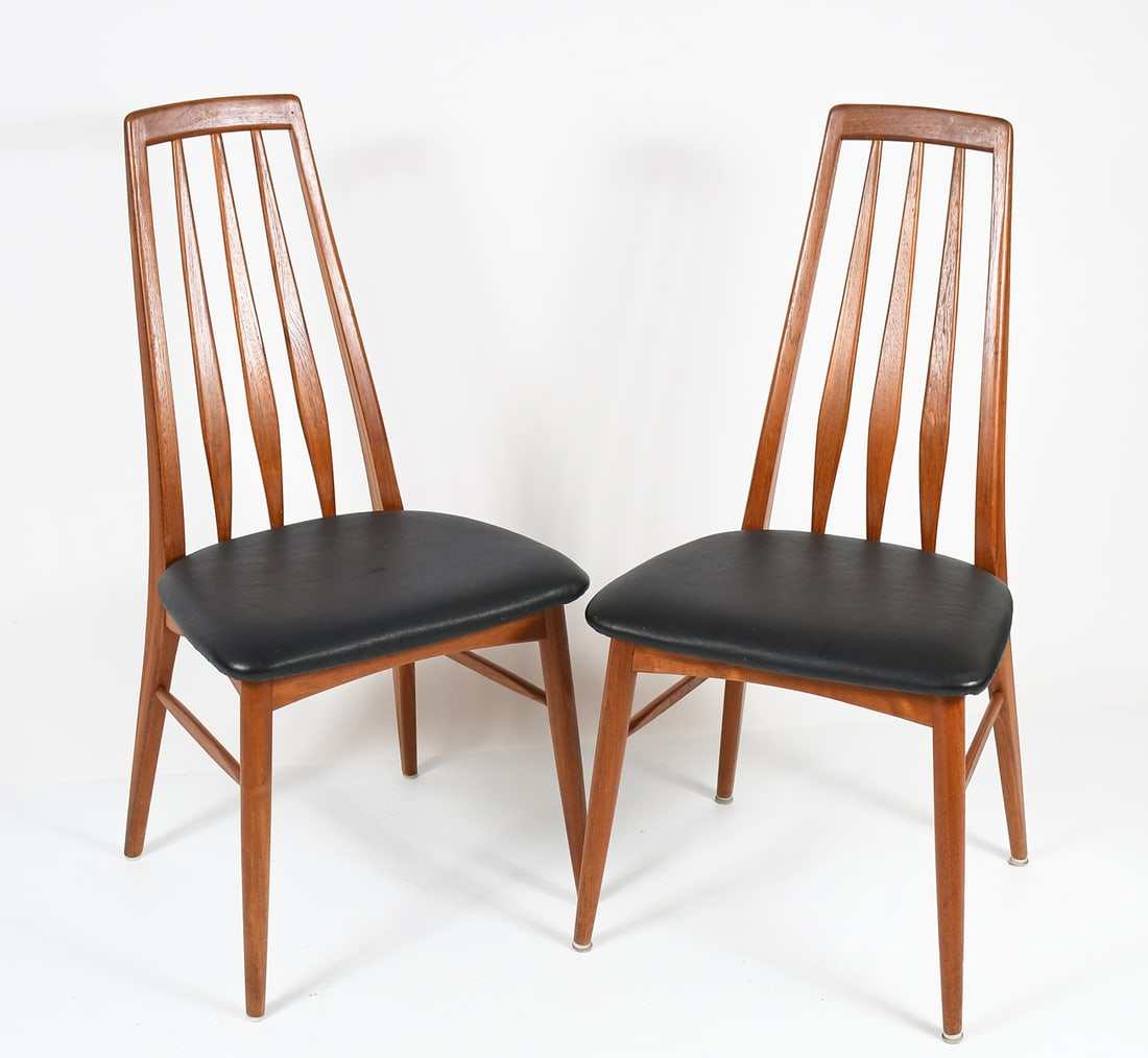 PAIR OF DANISH TEAK "EVA" CHAIRS BY KOEFOEDS: PAIR OF DANISH TEAK "EVA" CHAIRS BY KOEFOEDS: Pair of "Eva" high-back side chairs in teak, upholstered in a black faux leather. Designed by Niels Koefoed for Koefoeds Hornslet. Circa 1960's. Danish Co