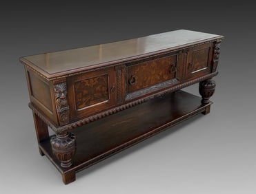 MARQUETRY INLAID CARVED OAK SIDEBOARD