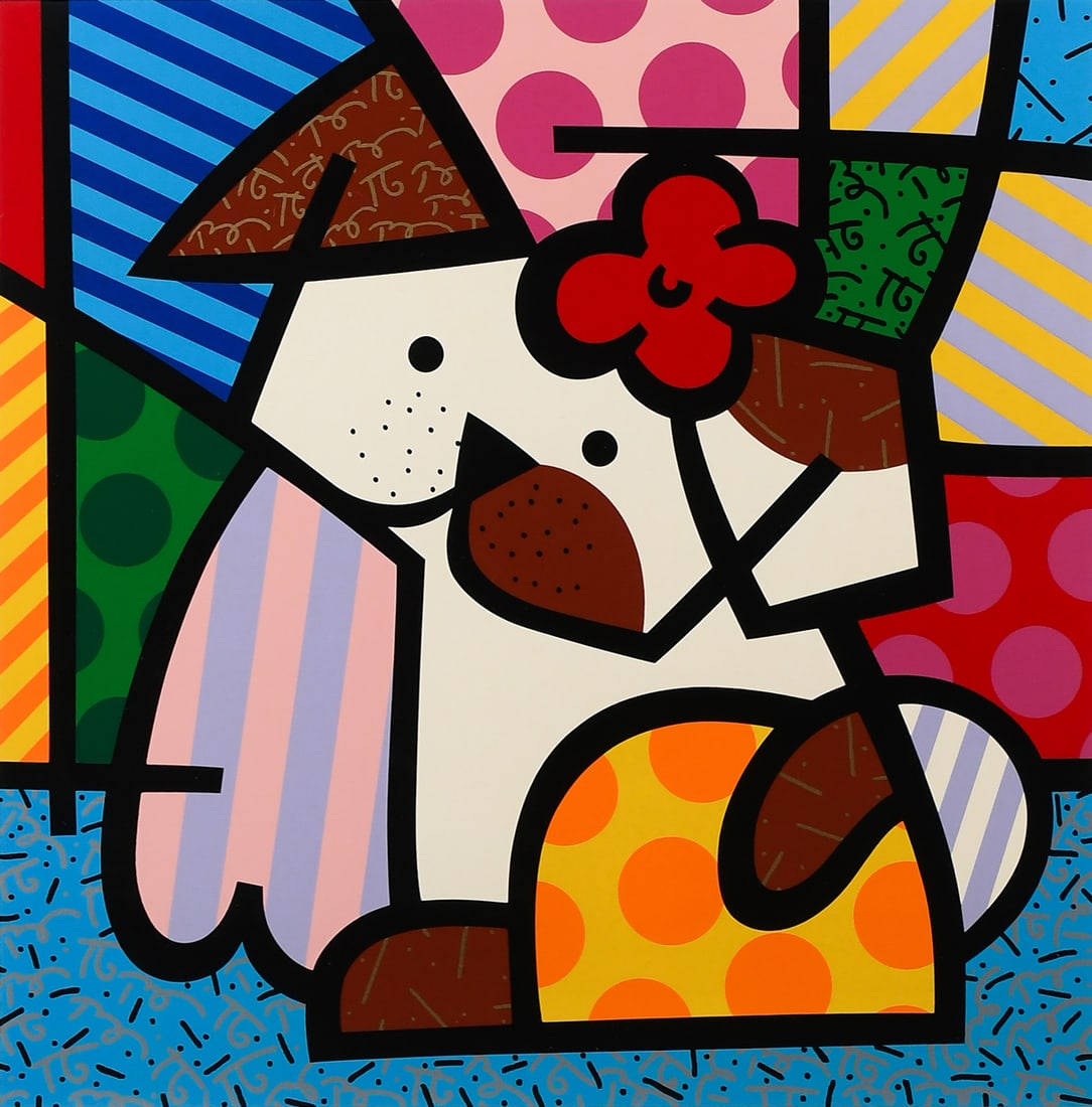 ROMERO BRITTO VALLEY DOG SERIGRAPH: BRITTO, Romero, (Brazilian/American, b. 1963): “Valley Dog”, Serigraph, sight size 29” x 27”, numbered 111/300 lower right, pencil signed lower left, Britto blind stamp in the corn